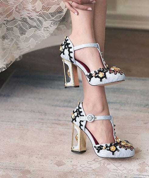 Embellished T-Strap Heels